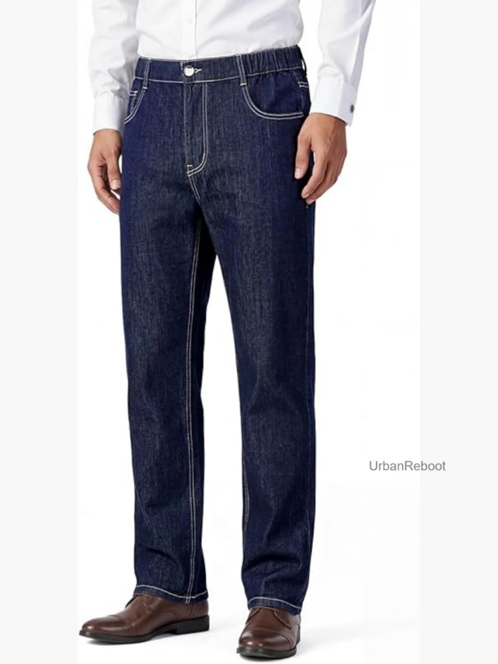 Mens Elastic Waist Jeans Straight Fit Linen Denim Blend Pants